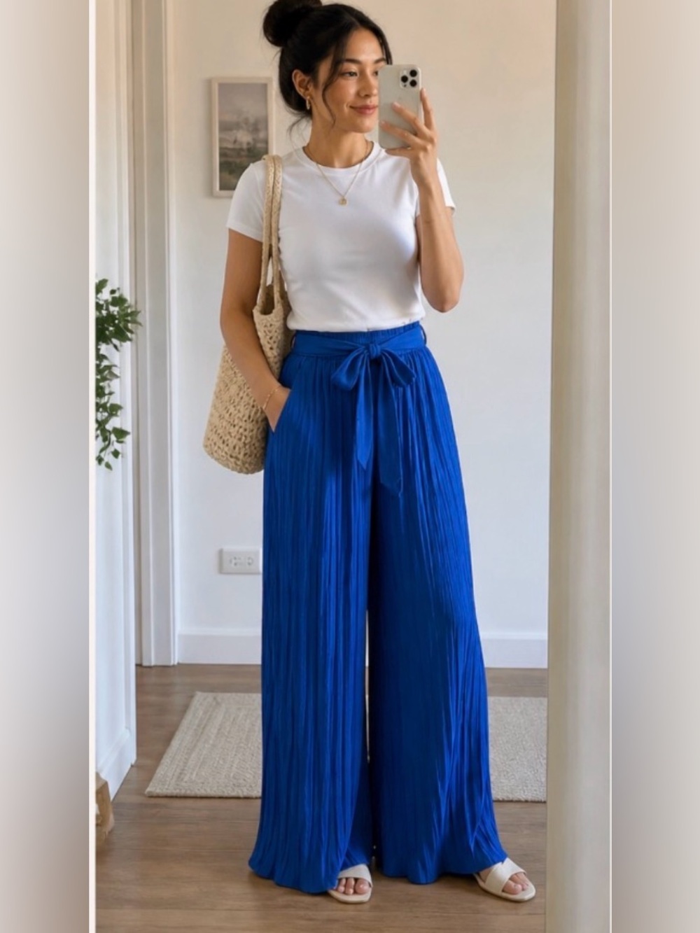 Wide-Leg Pleated Tie-Waist Blue Pants